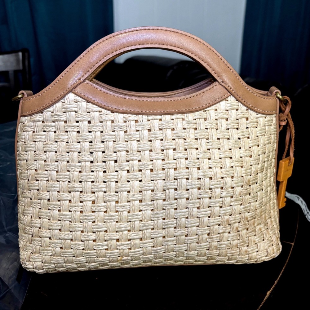 Fossil Y2K Vtg Woven Straw Crossbody Bag Tan Leather Trim Top Handle Tropical